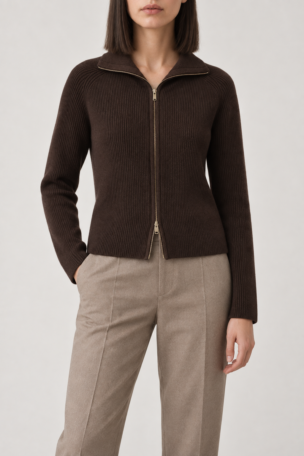 Merino Leather-Trim Zip Jacket, Chocolate Brown, front