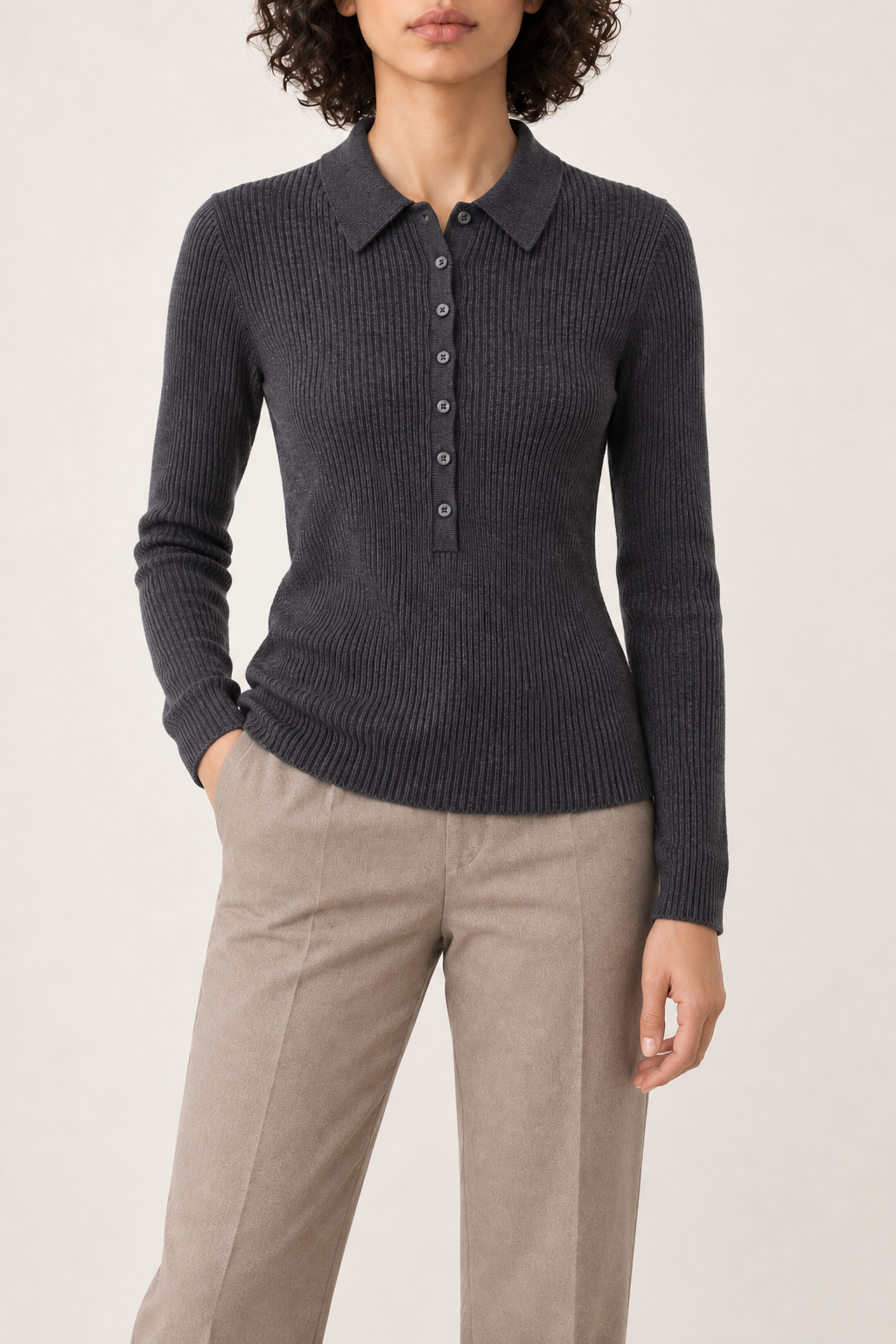 Merino Polo Pullover, Charcoal, front