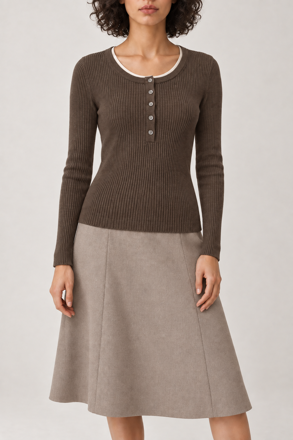 Merino Ribbed Henley Sweater, Coffee Brown, front