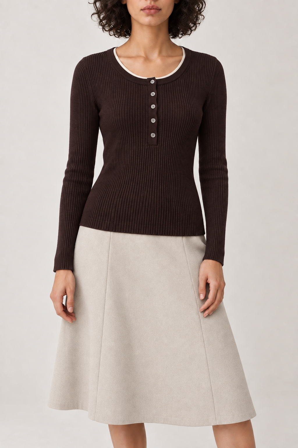 Merino Ribbed Henley Sweater, Espresso, front