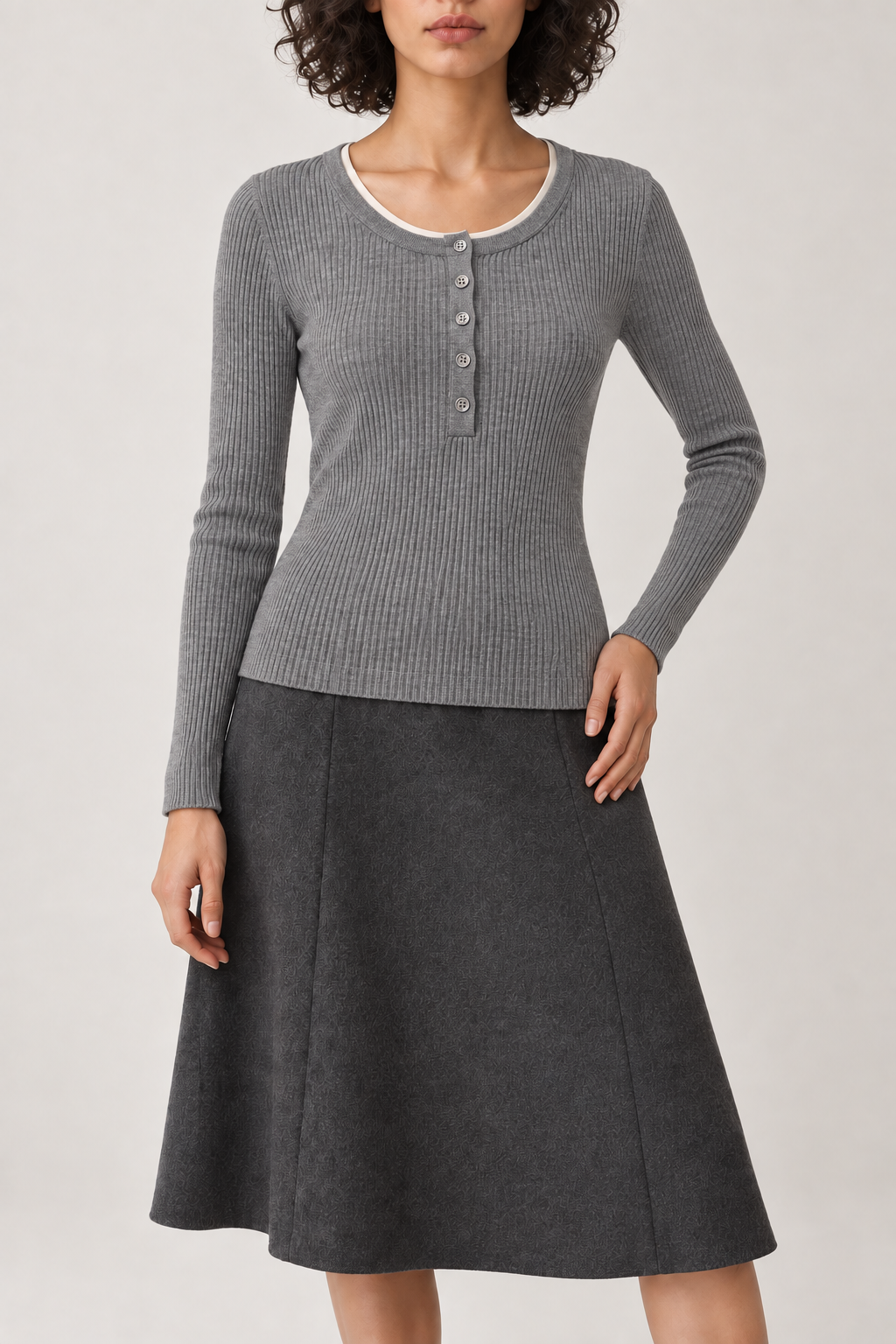 Merino Ribbed Henley Sweater, Heather Grey, front