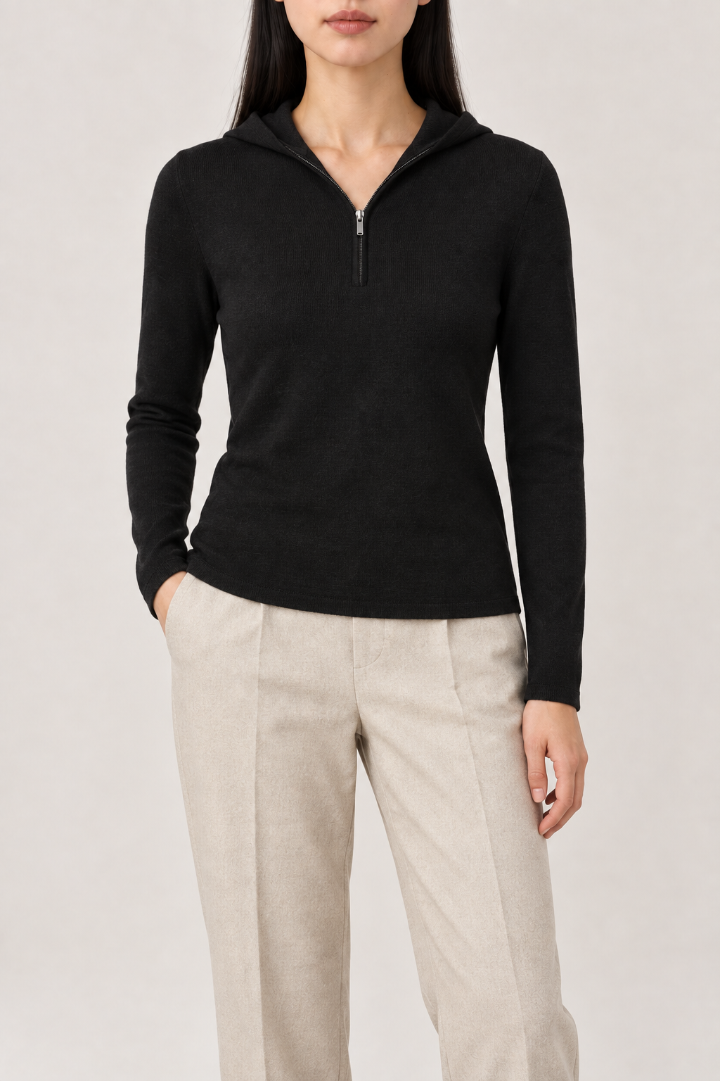 Merino Seamless Zip Hoodie, Black, front