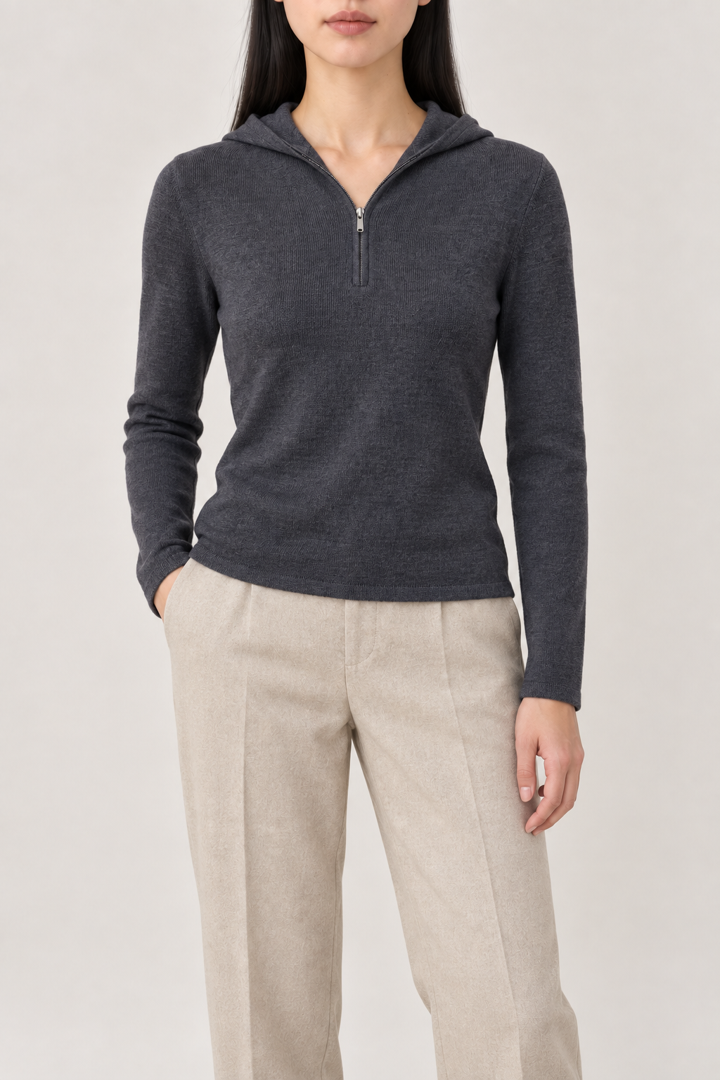 Merino Seamless Zip Hoodie, Slate Grey, front