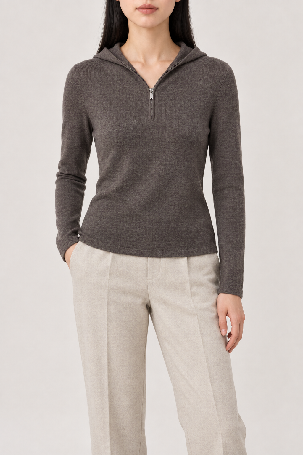 Merino Seamless Zip Hoodie, Tobacco Brown, front