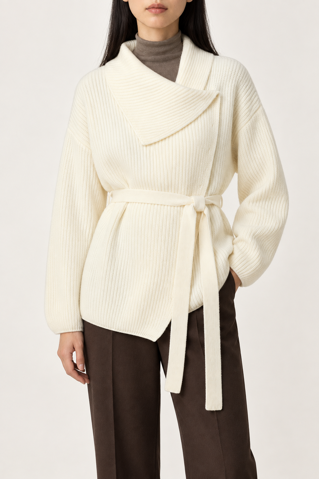 Merino Shawl-Collar Wrap Coat, Warm Ivory, front