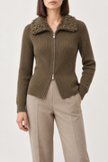 Merino Shearling-Collar Zip Jacket, Olive Brown, front