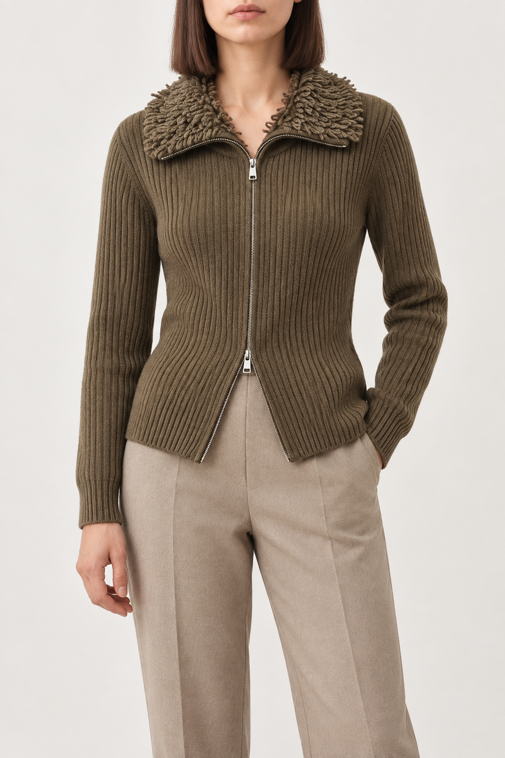 Merino Shearling-Collar Zip Jacket, Olive Brown, front