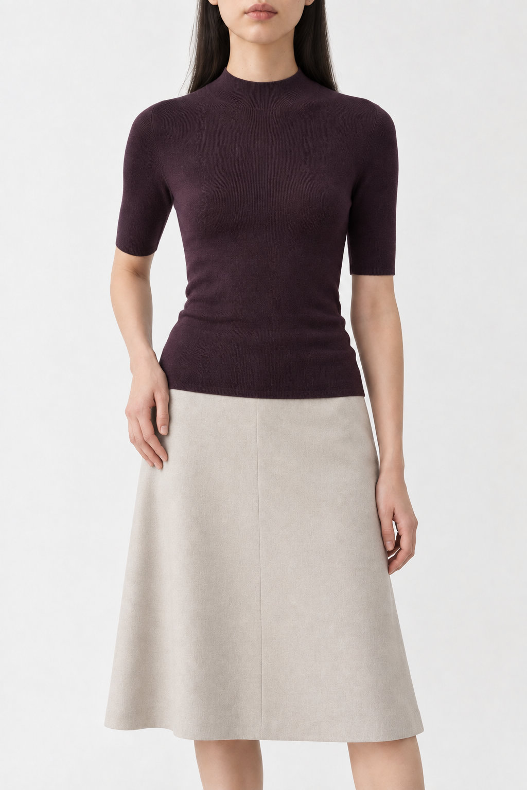 Merino Short-Sleeve Turtleneck Sweater, Aubergine, front