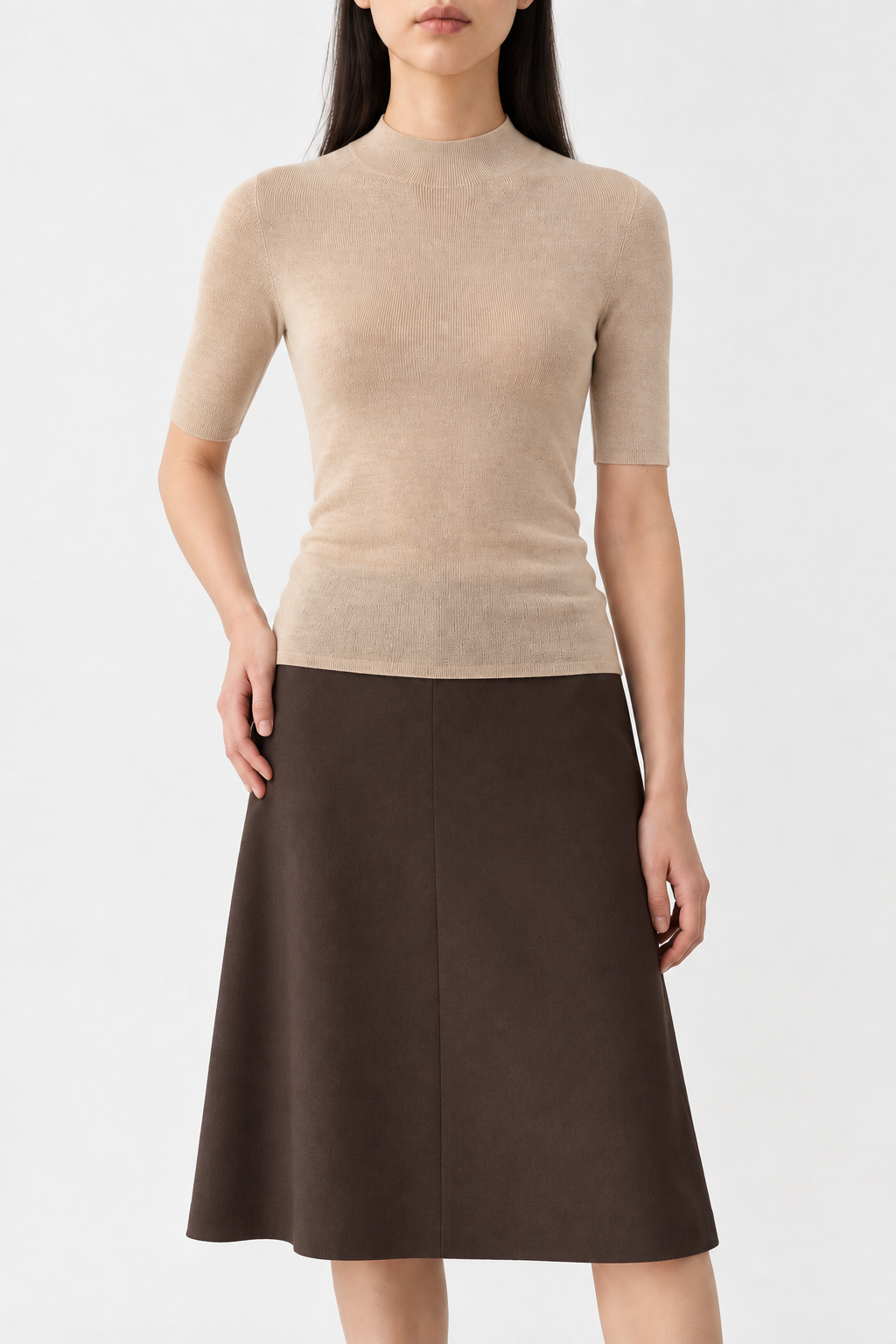 Merino Short-Sleeve Turtleneck Sweater, Warm Beige, front