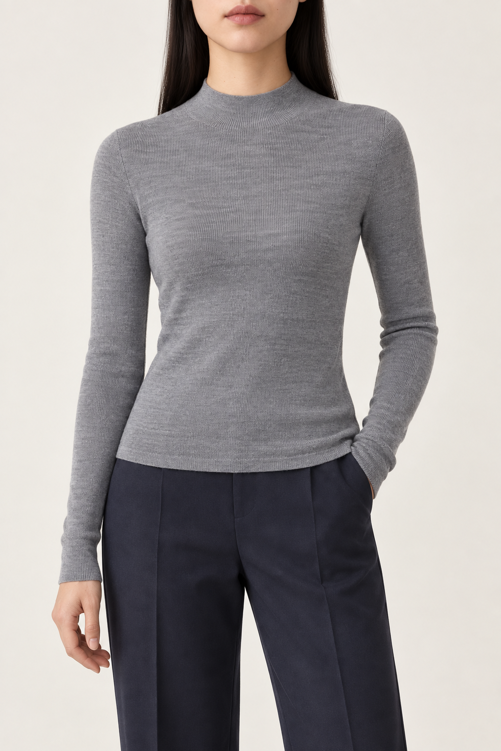Merino Slim Mockneck Sweater, Light Grey, front