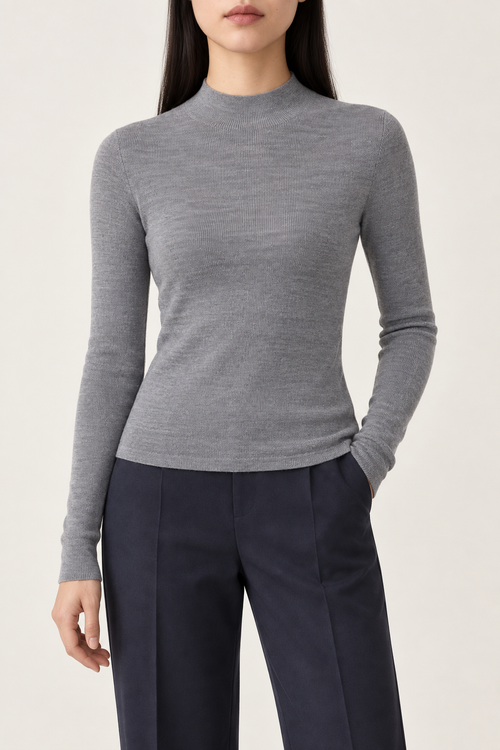 Merino Slim Mockneck Sweater, Light Grey, front