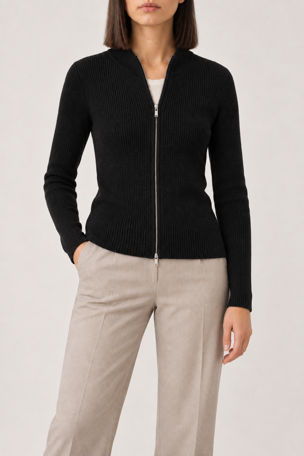 Merino Slim Zip Jacket, Black, front