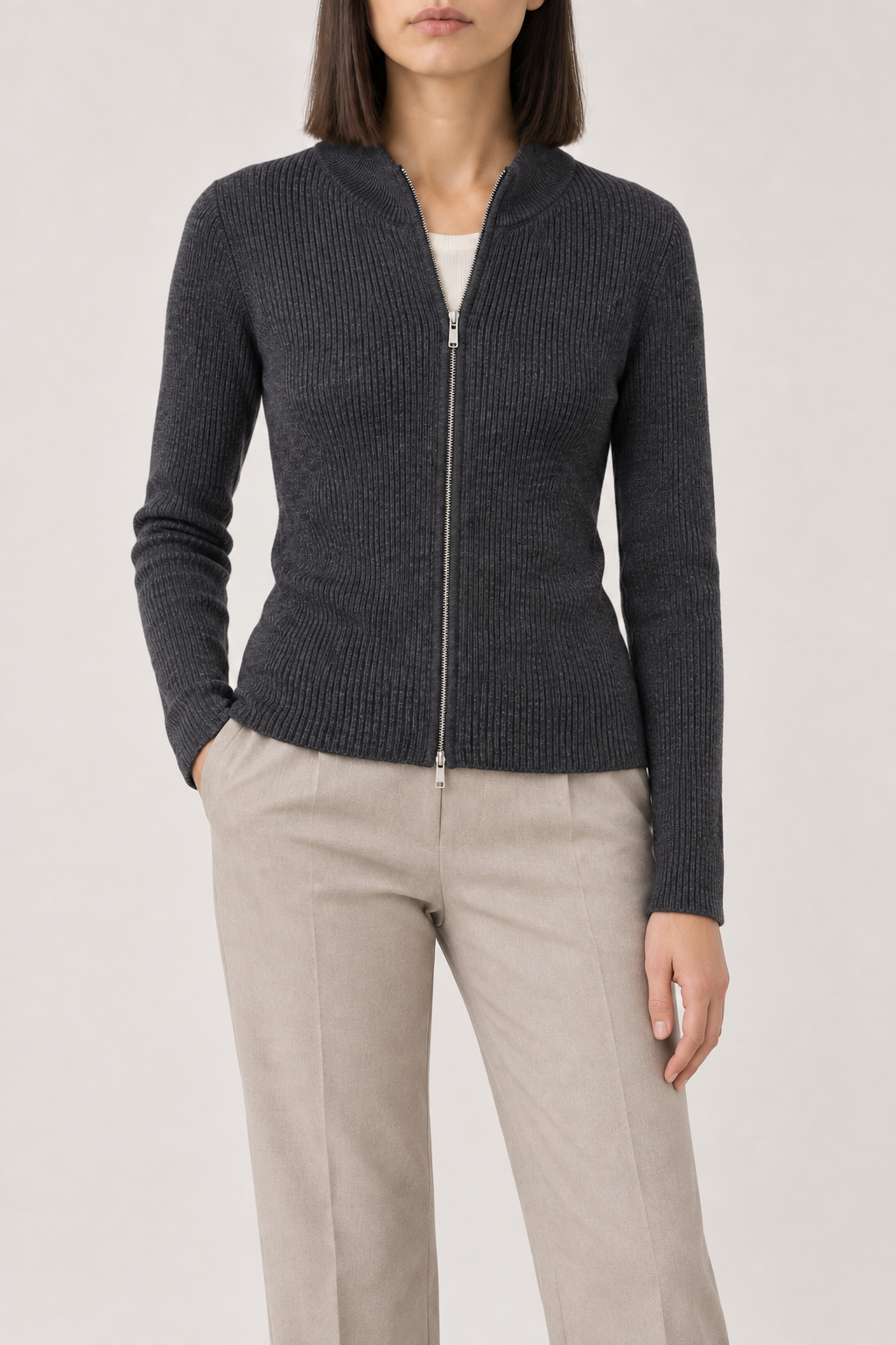 Merino Slim Zip Jacket, Dark Grey, front