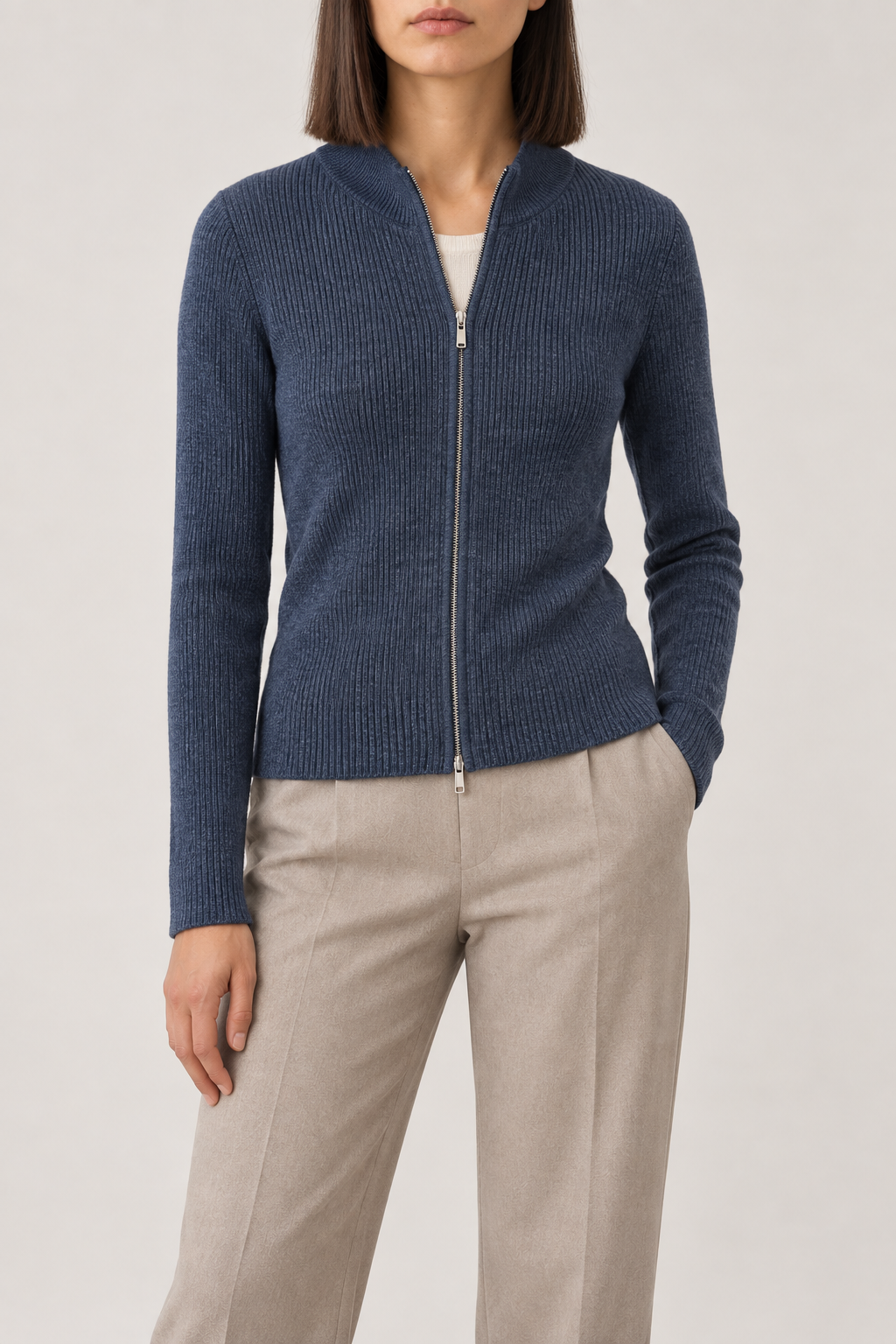 Merino Slim Zip Jacket, Denim Blue, front
