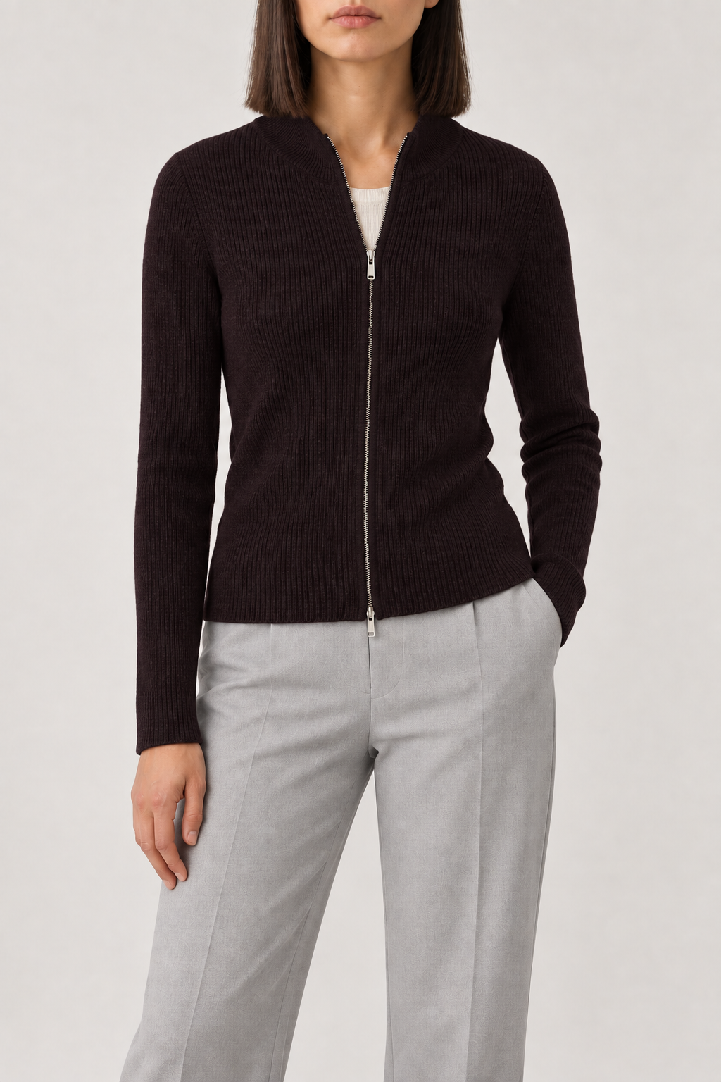 Merino Slim Zip Jacket, Ebony Brown, front