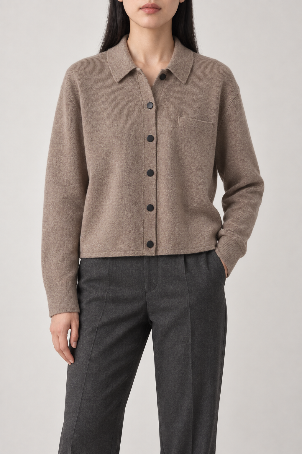 Merino Spread-Collar Shirt, Camel, front