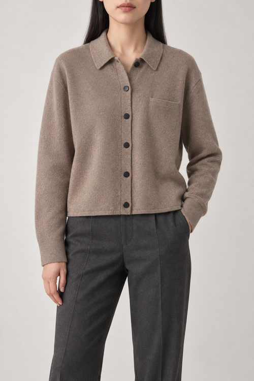 Merino Spread-Collar Shirt, Camel, front