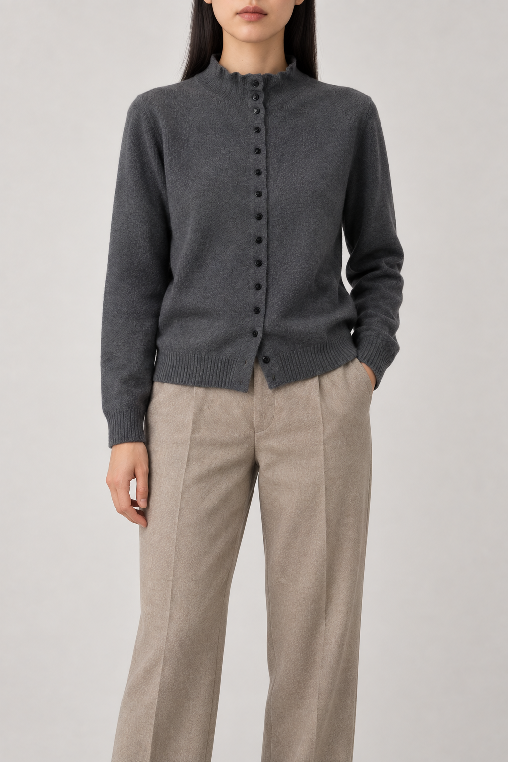 Merino Stand-Collar Cardigan, Dark Grey, front