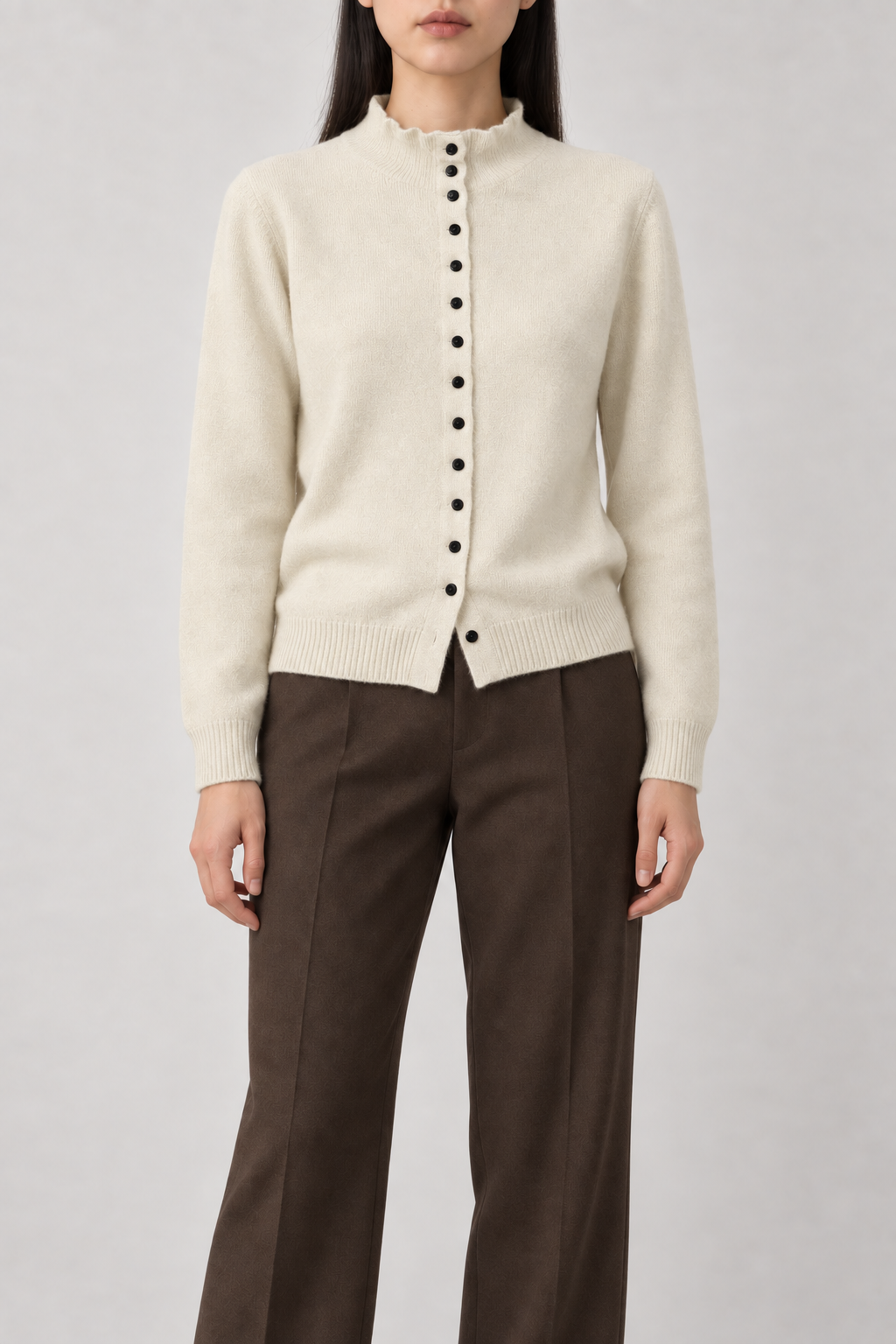 Merino Stand-Collar Cardigan, Ivory, front