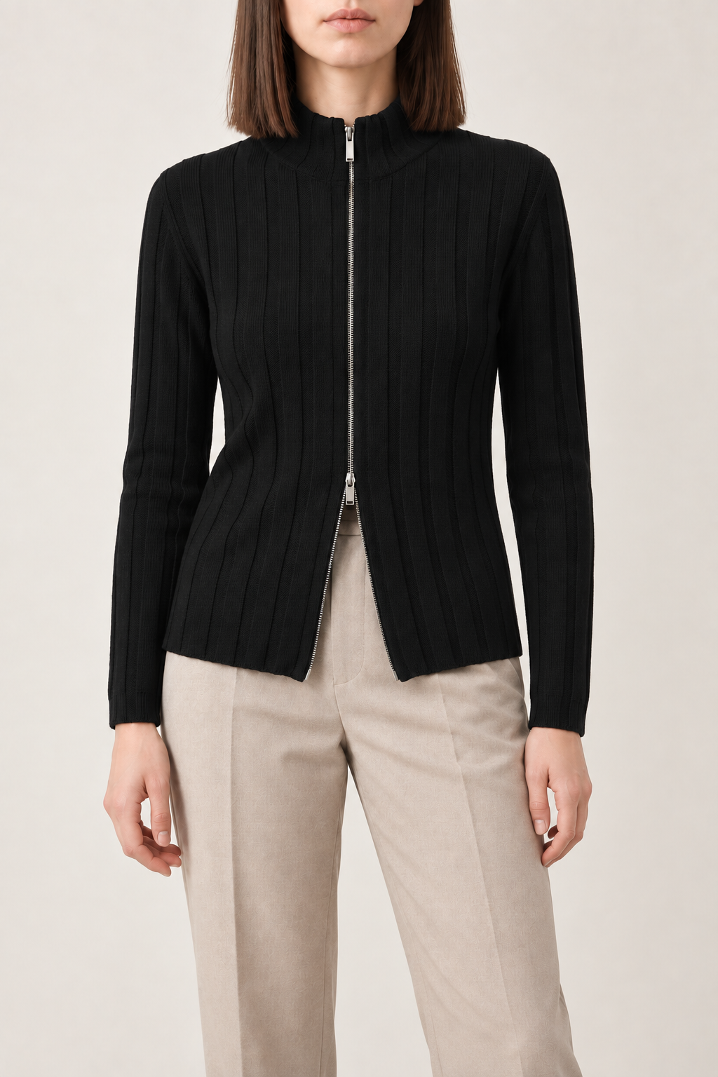 Merino Stand-Collar Zip Jacket, Black, front