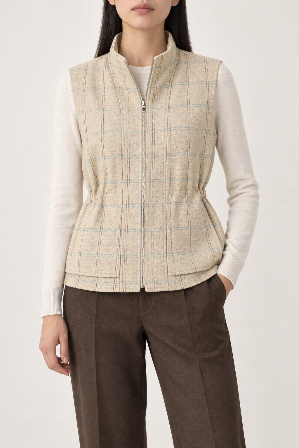 Merino Stand-Collar Zip Vest, Camel Plaid, front