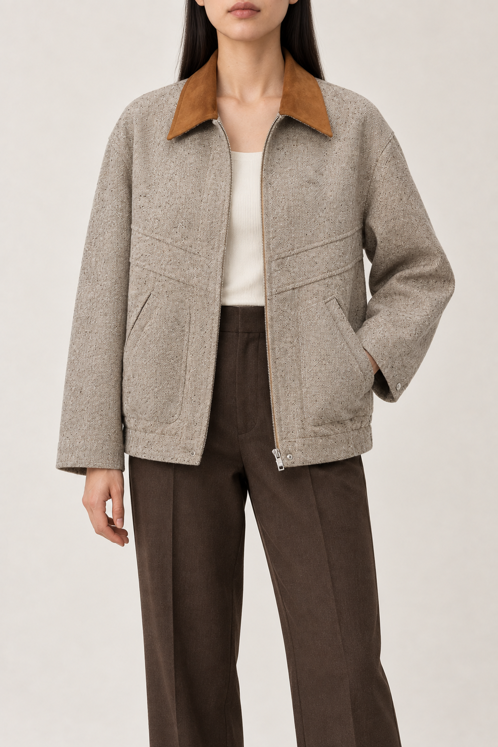 Merino Suede-Collar Jacket, Oatmeal Taupe, front