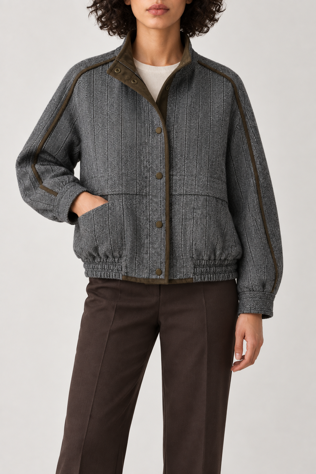Merino Suede-Patchwork Jacket, Grey Herringbone, front