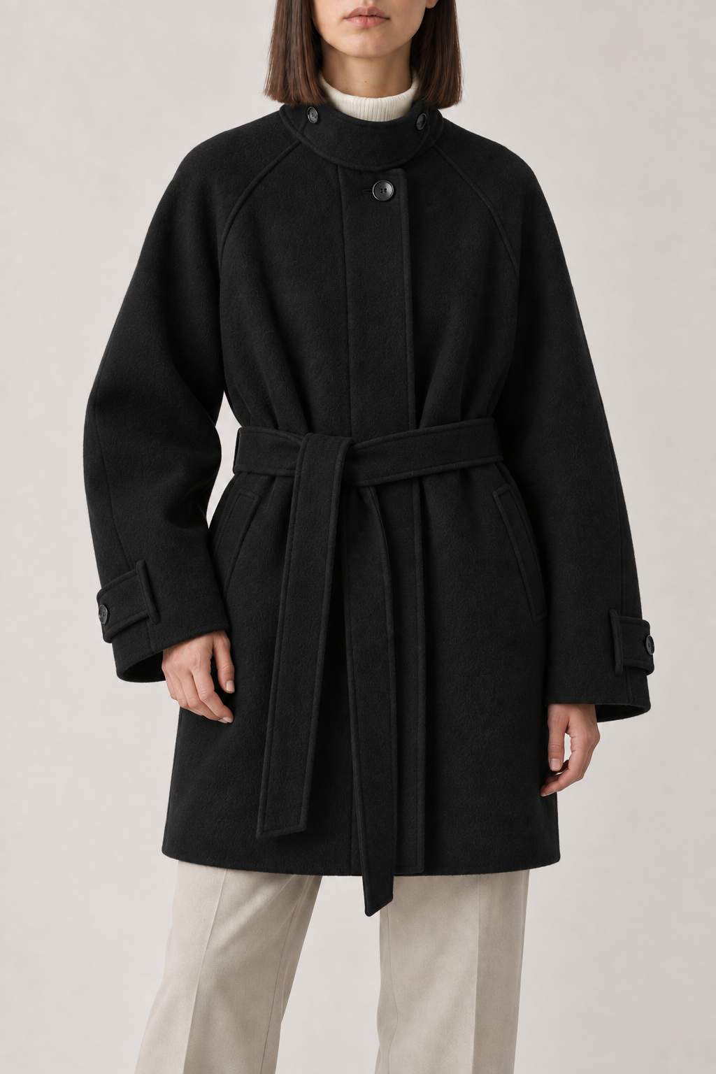 Merino Tie-Belt Coat, Black, front