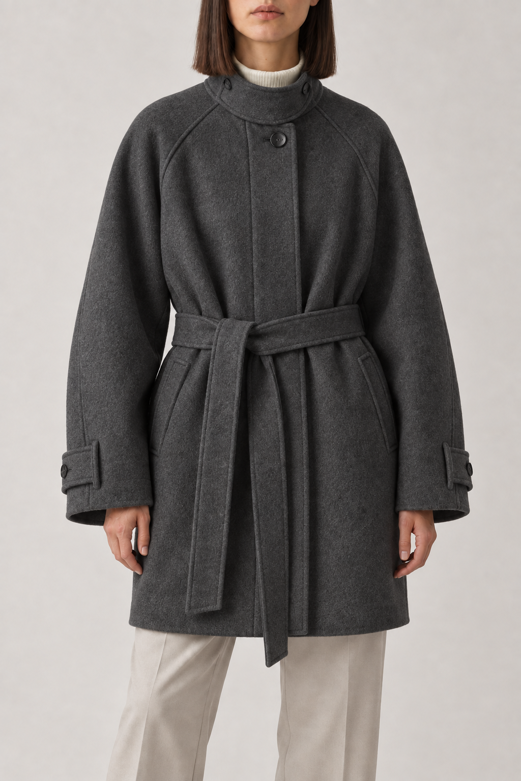 Merino Tie-Belt Coat, Charcoal, front