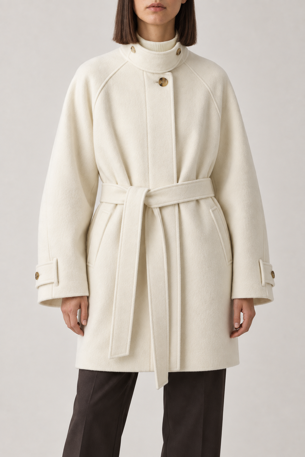 Merino Tie-Belt Coat, Cream, front
