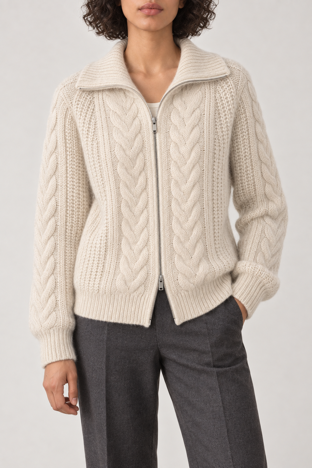 Merino Twist-Knit Zip Jacket, Ivory Oatmeal, front