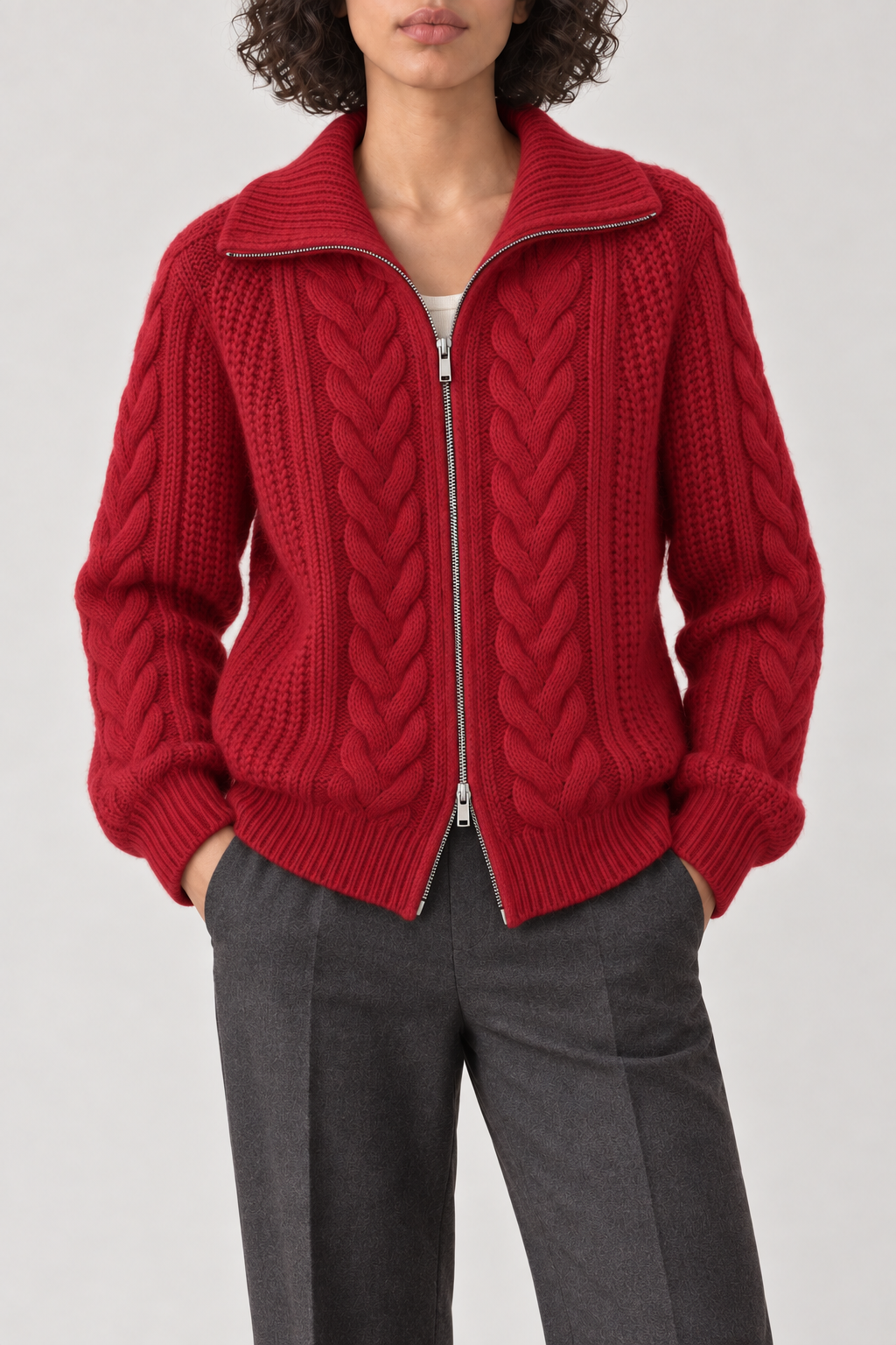 Merino Twist-Knit Zip Jacket, Red, front