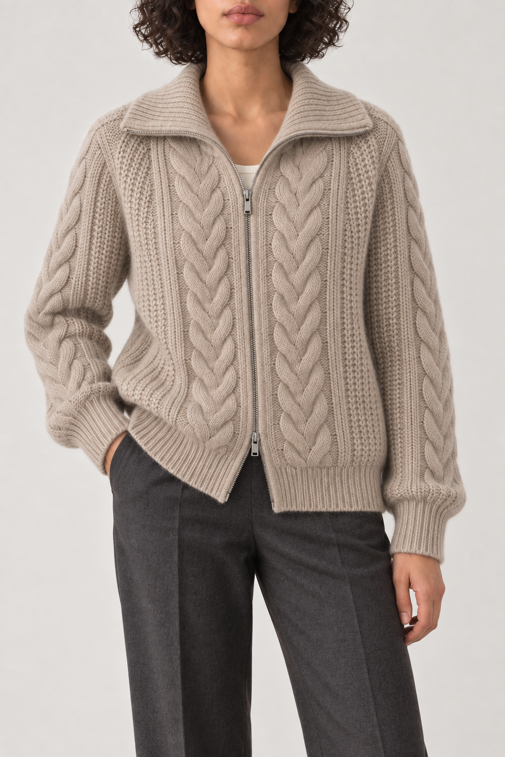 Merino Twist-Knit Zip Jacket, Taupe, front