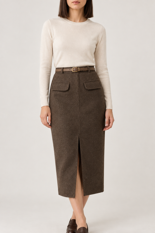 Merino Wool Skirt, Coffee Brown, front