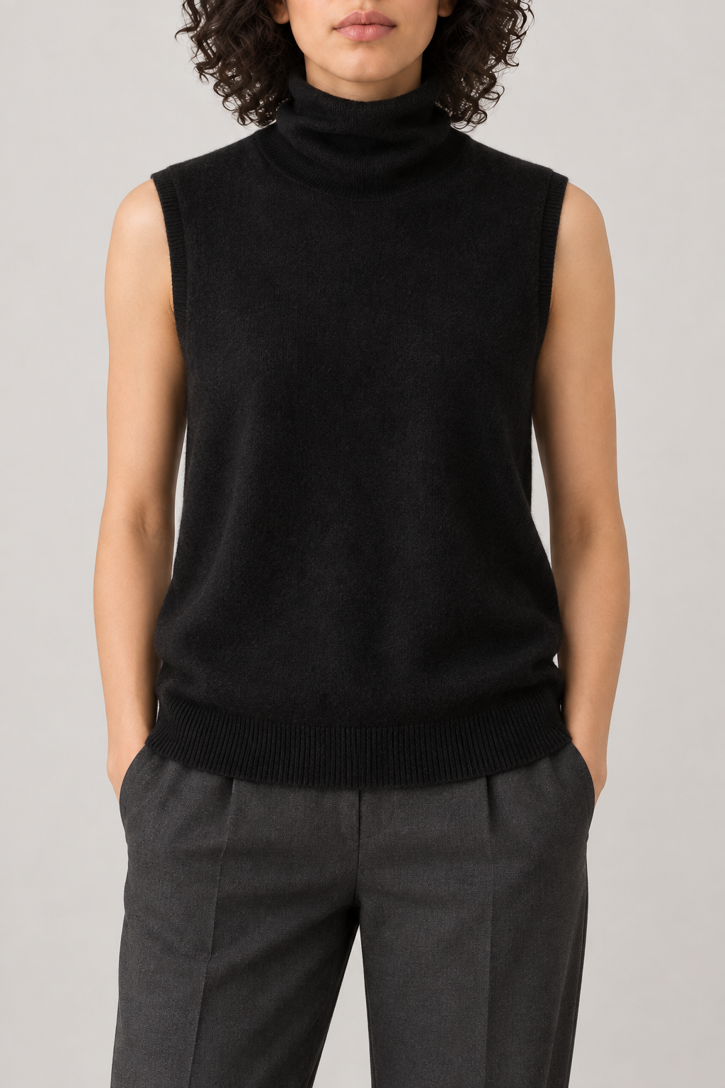 Cashmere Turtleneck Vest, Black, front