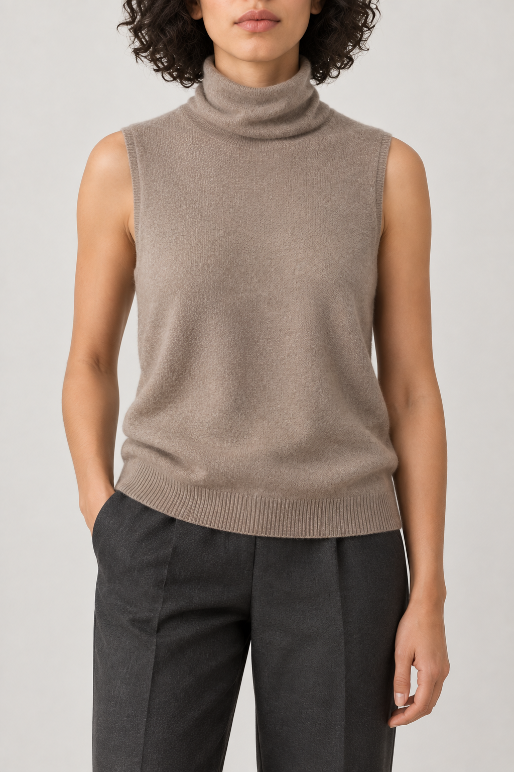 Cashmere Turtleneck Vest, Camel, front
