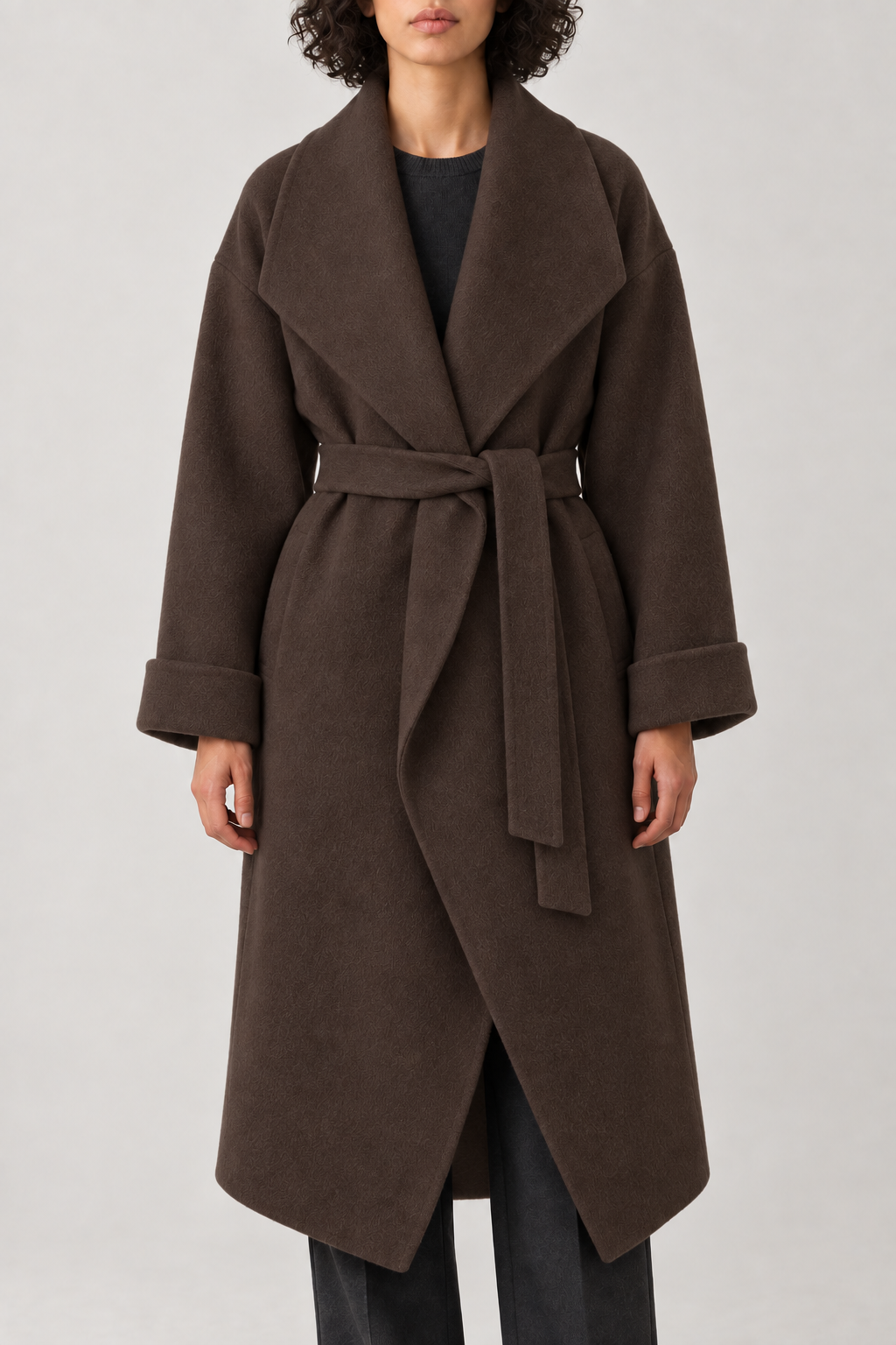 Cashmere Cape-Shawl Coat, Coffee Brown, front