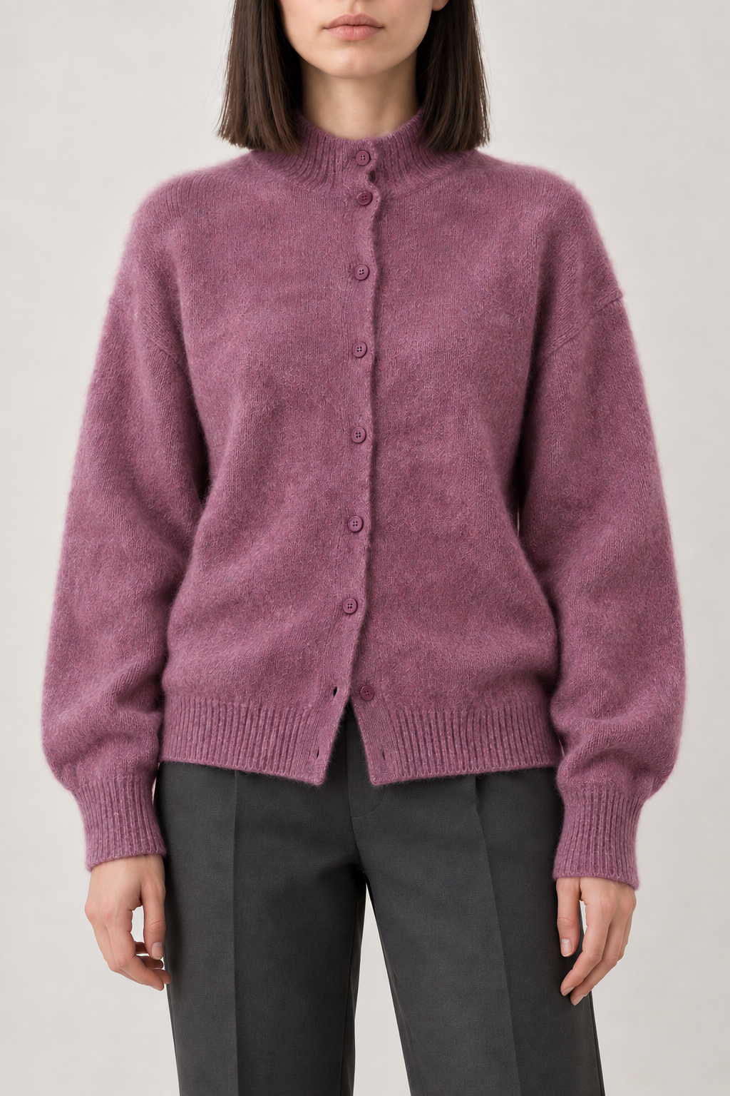 Cashmere Brushed Mockneck Cardigan, Mauve, front