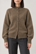 Cashmere Brushed Mockneck Cardigan, Olive Brown, front