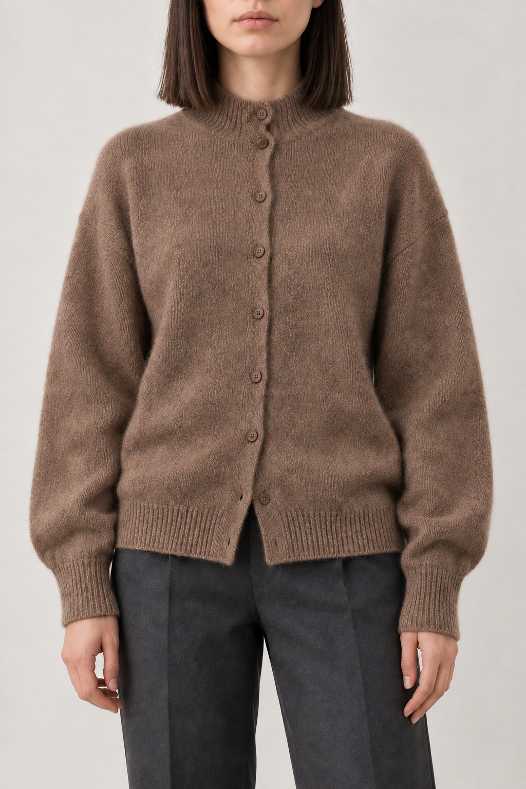 Cashmere Brushed Mockneck Cardigan, Warm Brown, front