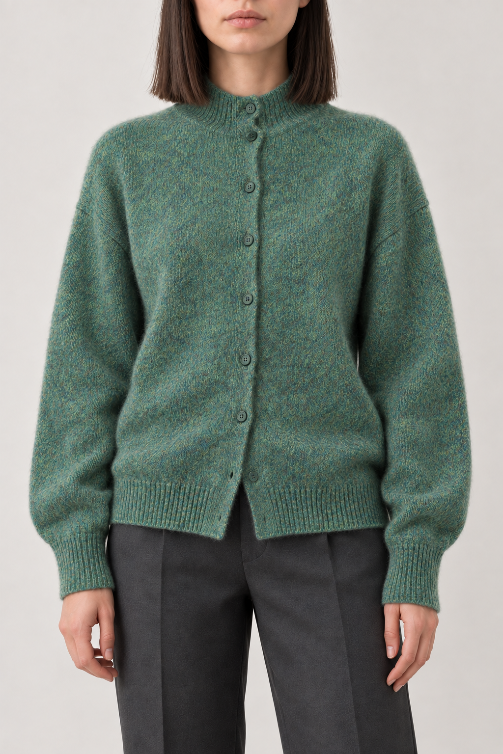 Cashmere Brushed Mockneck Cardigan, Heather Green, front