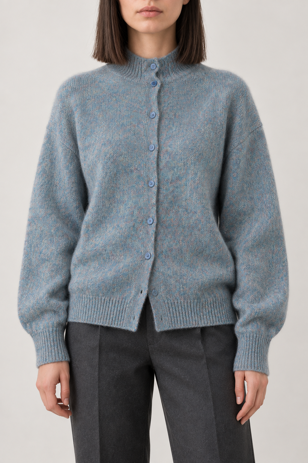Cashmere Brushed Mockneck Cardigan, Heather Blue, front
