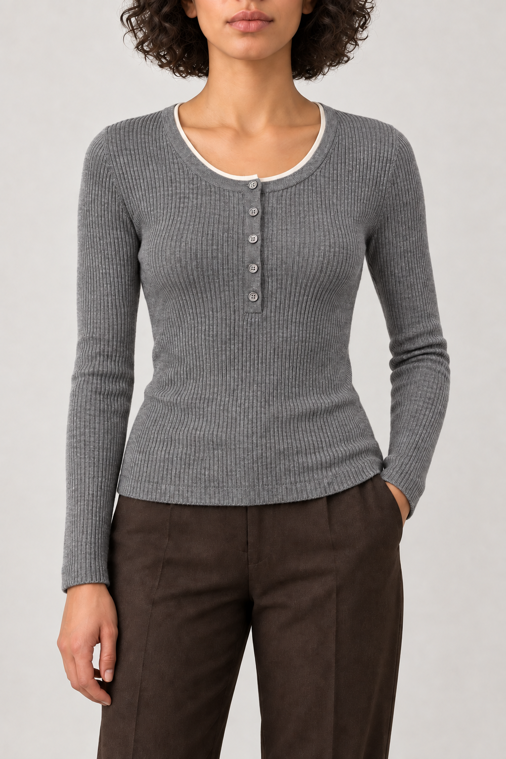 Merino Ribbed Henley Sweater, Heather Grey, front