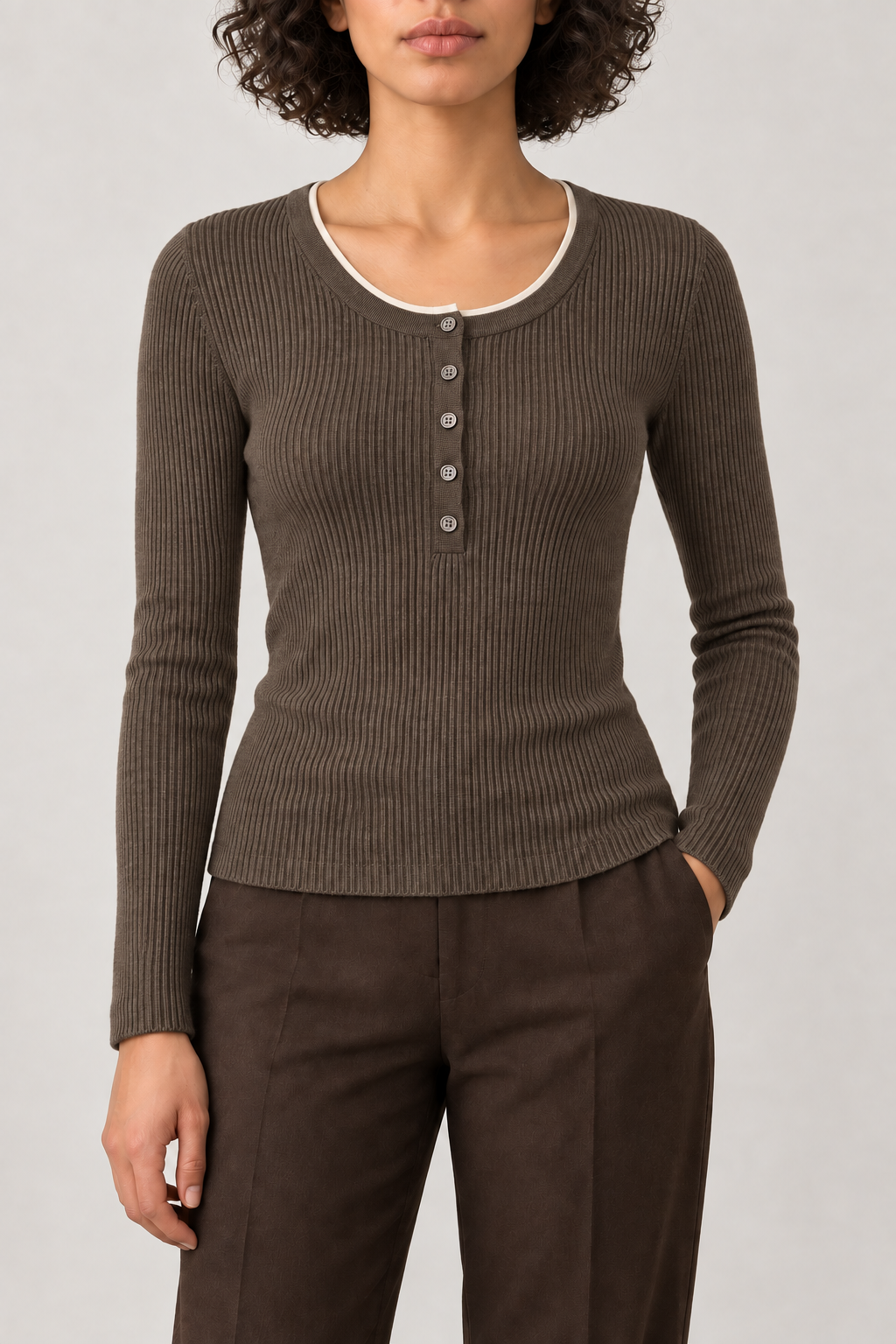 Merino Ribbed Henley Sweater, Coffee Brown, front