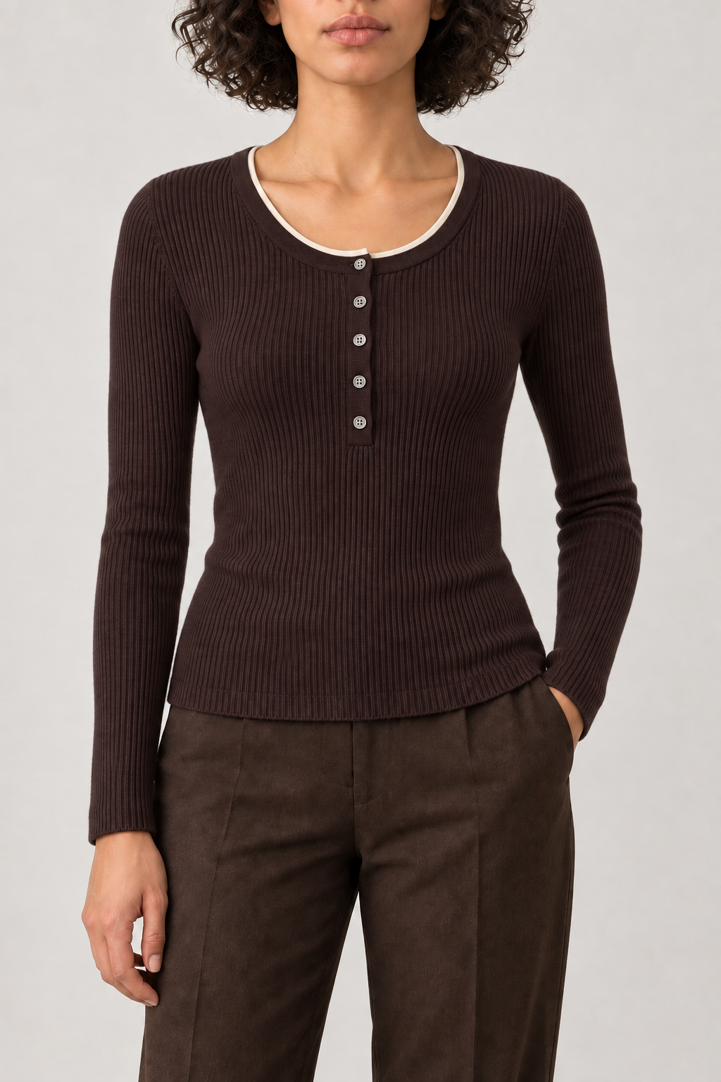 Merino Ribbed Henley Sweater, Espresso, front