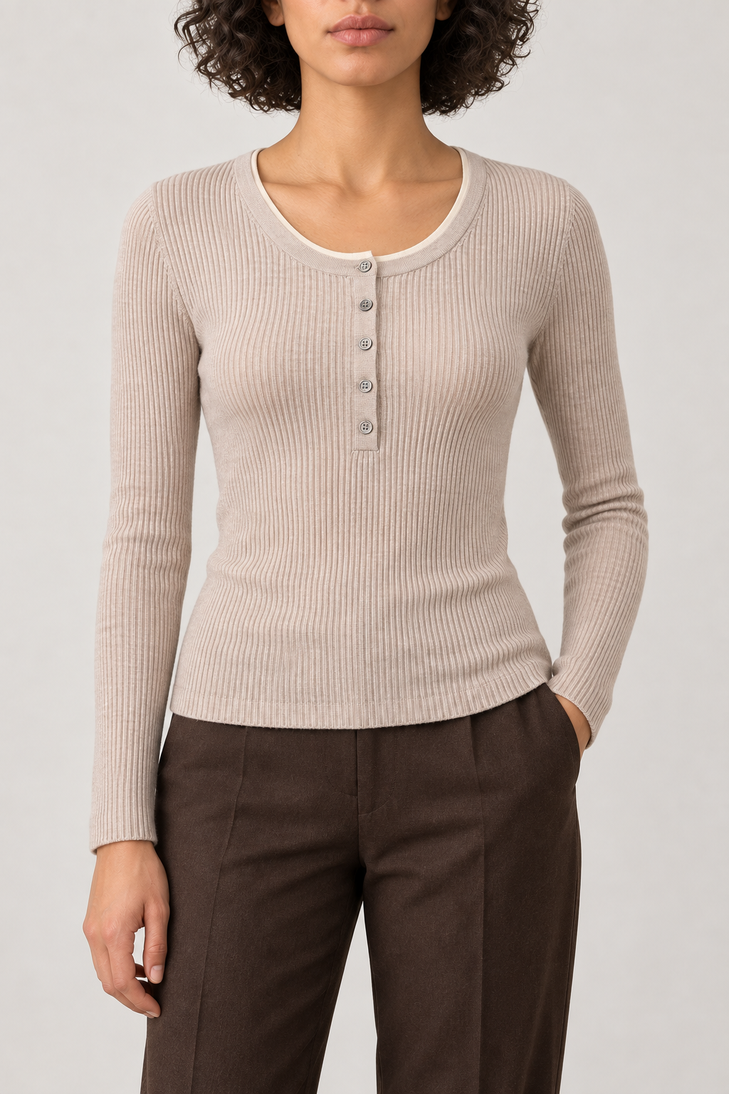 Merino Ribbed Henley Sweater, Oatmeal Beige, front