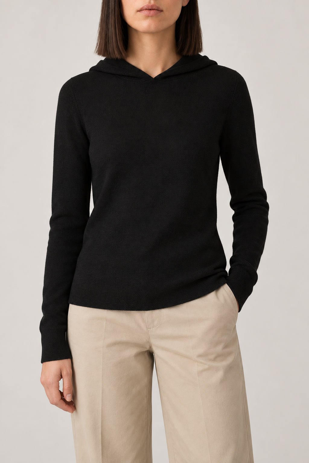 Merino Seamless Hoodie, Black, front