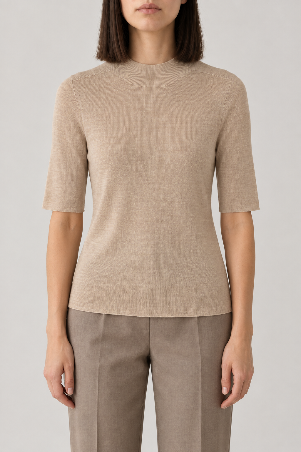 Merino Short-Sleeve Turtleneck Sweater, Warm Beige, front