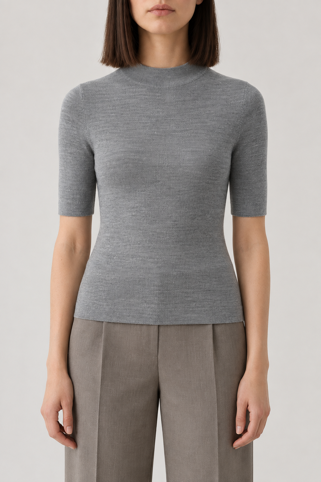Merino Short-Sleeve Turtleneck Sweater, Heather Grey, front