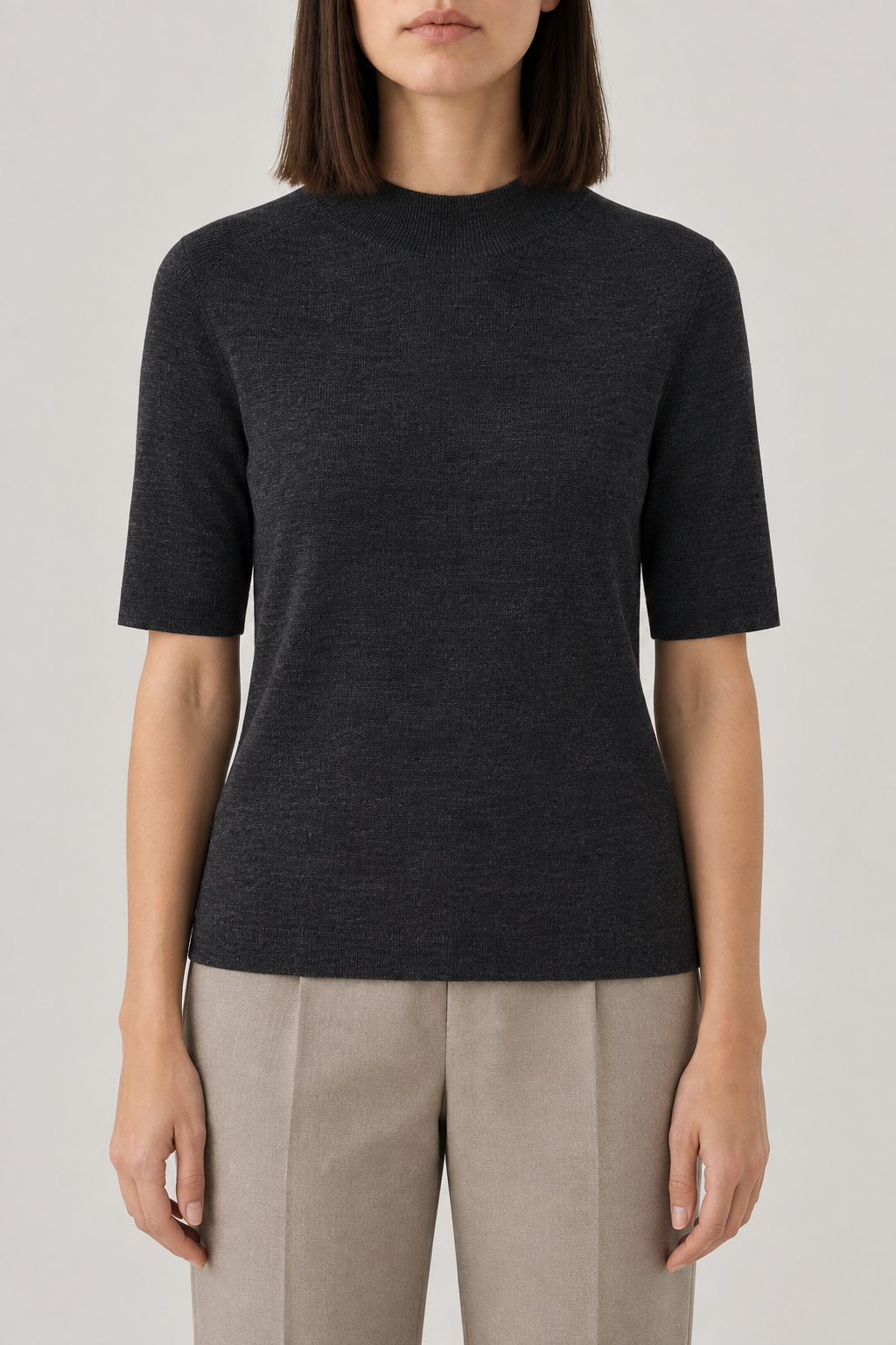 Merino Short-Sleeve Turtleneck Sweater, Dark Grey, front